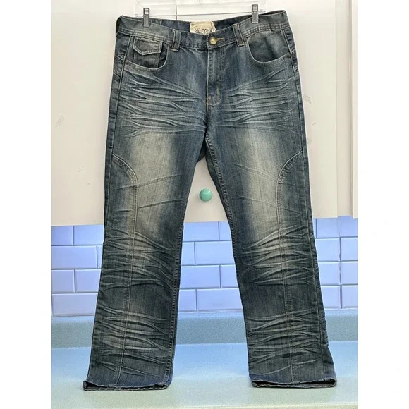 FUSAI Focus USA Mens Straight Leg 36 Streetwear Jeans Embroidered Pockets Y2K - Picture 2 of 16